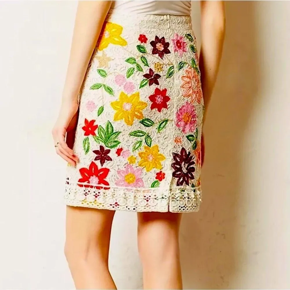 MAEVE ANTHROPOLOGIE Ayaka Lace Cream Embroidered Floral Pencil Skirt Sz 6